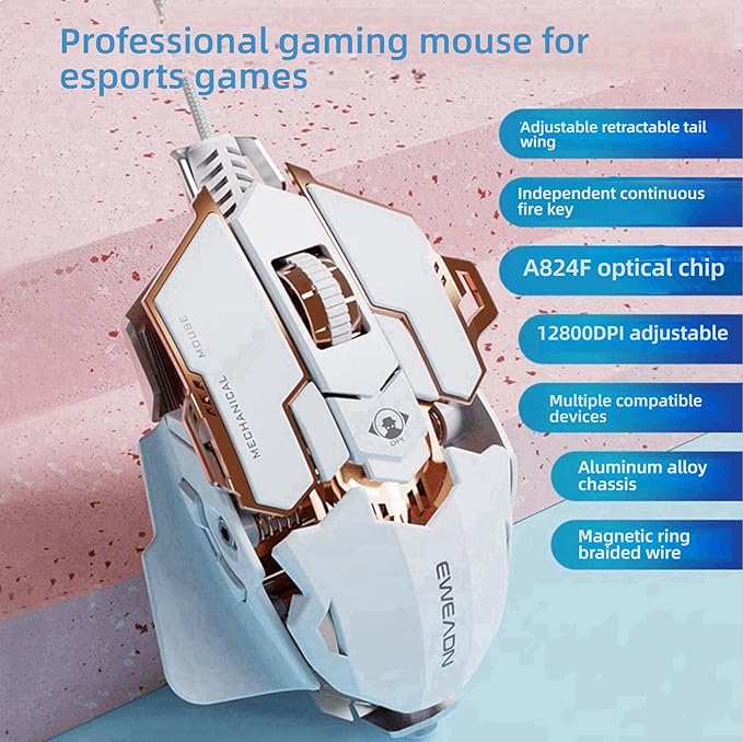 Professional Gaming Mouse, 12800 dpi, Optical Chip A824F, 9 Programmable Keys, Aluminum Alloy Chassis, Magnetic Braided Cable, White