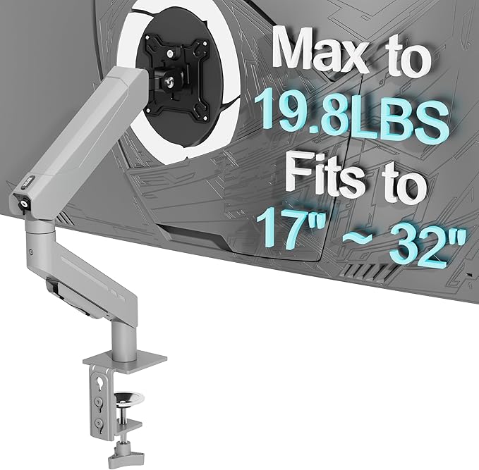 THEARK Single Monitor Desk Mount 17"-32" Screens - Adjustable Gas Spring Monitor Arm Computer Monitor Stand up to 19.8 lbs,VESA Arm Desk Mount with C-Clamp and Grommet Base,VESA 75x75/100x100mm,Silver