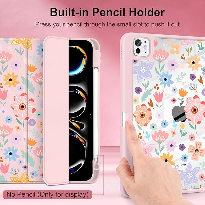 Case for iPad Pro 11 inch (M5) 2025 (M4) 2024 Release Slim Lightweight Cute Light Pink Cover with Clear Back TPU Edge Pencil Holder Trifold Stand, Colorful Flowers