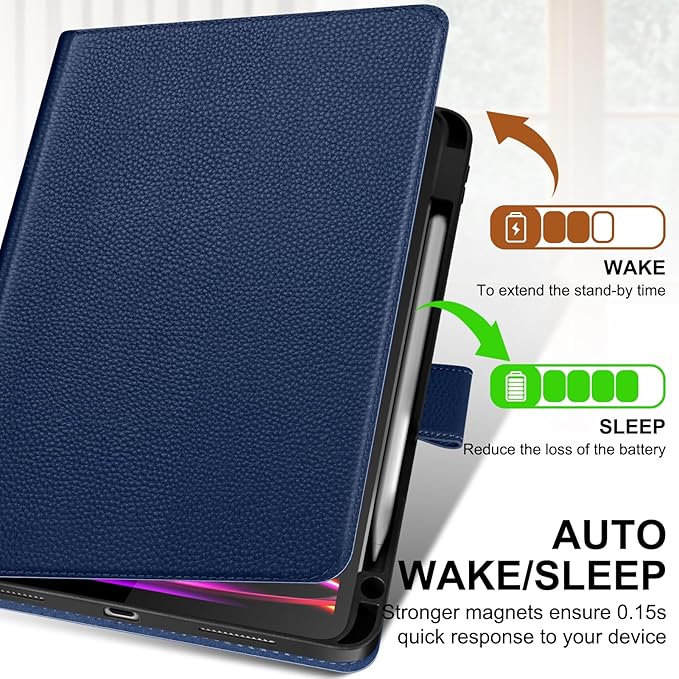 Genuine Leather Case for iPad Pro 11 Inch 4th/3rd/2nd/1st Generation 2022/2021/2020/2018 | with Pencil Holder and Adjustable Stand, Magnetic Closure, Auto Wake/Sleep Cover | Blue