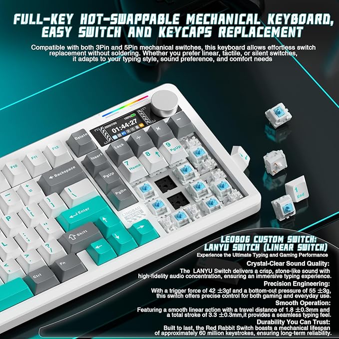 LINGBAO K98 PRO 96% Mechanical Keyboard Wireless, with Screen & Knob, Creamy Gaming Keyboard, Tri-Mode BT5.0/2.4GHz/USB-C, Gasket Mount Hot-Swappable Linear Switches RGB Backlit Gamer Keyboards for PC