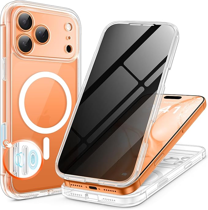 BERFY for iPhone 17 Pro Case, Compatible with MagSafe, Built-in Privacy Screen Protector, Camera Protection, Shockproof Full Body Phone Case 6.3", Clear