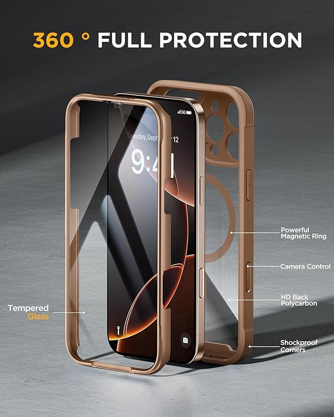 Miracase Magnetic for iPhone 16 Pro Case Full-Body Phone with Built-in Glass Screen Protector, [Compatible with MagSafe] Military Drop Proof 16 Pro Cover Bumper 6.3 inch, Gold Brown