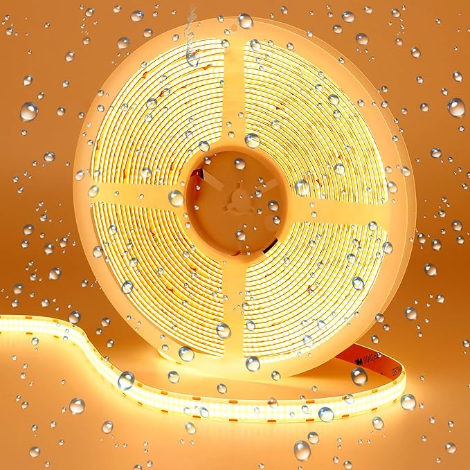 GOMING 32.8ft(10M) DC 24V Double Row COB LED Strip Light Warm White 3000K IP65 Waterproof 6000LEDs CRI 93+ 20000lm Uniform Glow Dotless Flexible LED Tape Lights for DIY Home Decor(No Power Supply)