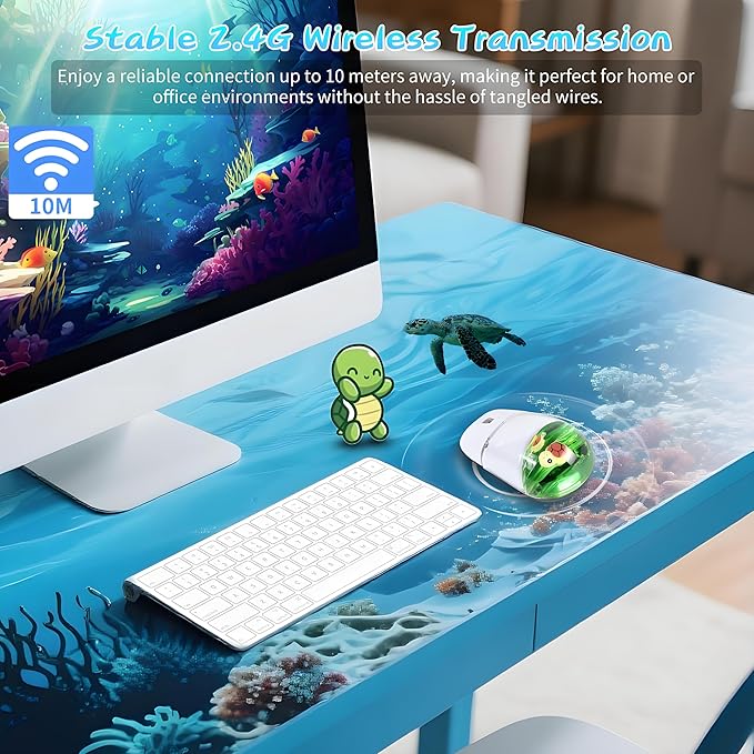 Wireless Mouse -Cute Clear Aqua Design, Water Mouse with Optical Precision, Silent Clicks, Lightweight & Floating Animal Transparent Retro Style for Home Office, Great for Kids & Adult(Turtle-Green)