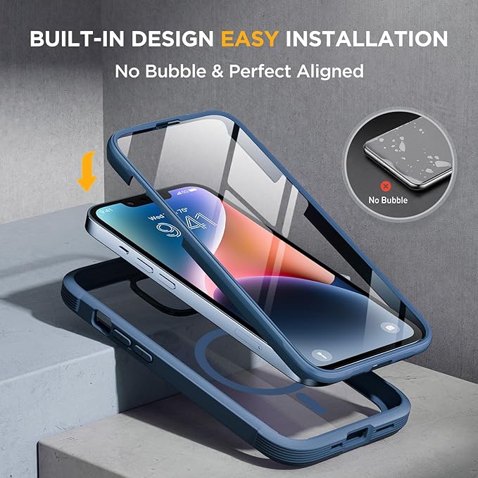 Miracase Glass Series Designed for iPhone 14 Plus Case 6.7 inch, 2023 Upgrade Full-Body Magnetic Clear Case with Built-in 9H Tempered Glass Screen Protector,Compatible with MagSafe,Blue