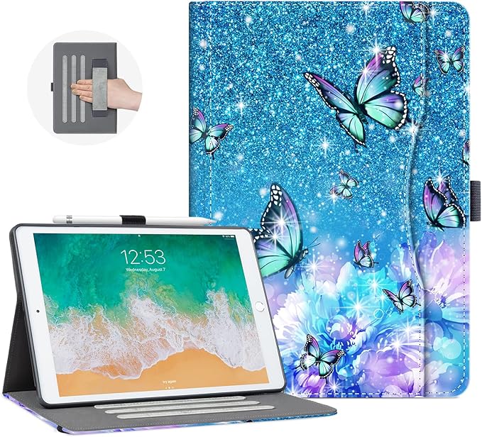 Case for iPad 9th/8th/7th Generation 10.2 Inch 2021/2020/2019 with Pencil Holder for Women Girls Adjust Angle View Case with Pocket/Hand Strap/Auto Wake/Sleep, Flowers Butterfly