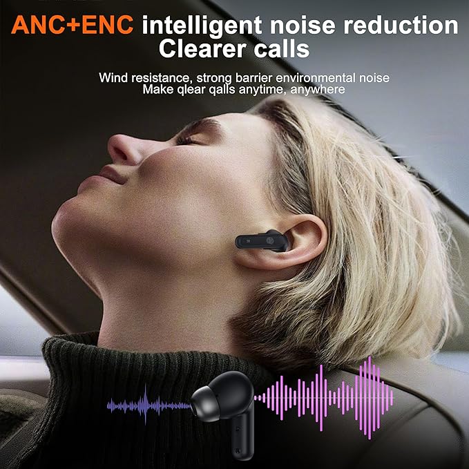 THREE PEACHES Wireless Earbuds Bluetooth 5.4 Headphones, Touch Screen, Call ENC Noise Cancelling, USB Charging Case for iPhone/Android, Black