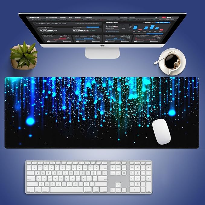Extra Large Gaming Mouse Pad (31.5" x 11.8") with Durable Stitched Edges – Ethereal Blue Sparkling Light Rain, Anti-Slip Rubber Base & Smooth Fabric Surface Extended XXL Desk Mat