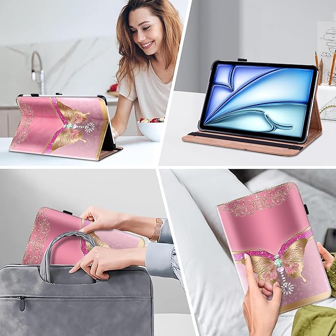 Compatible with iPad Air 11 Inch Case 8th/7th/6th Generation (M4/M3/M2) 2026/2025/2024, for iPad Air 5th/4th Generation Case 10.9 Inch 2022/2020 with Pencil Holder & Stand - Pink Butterfly