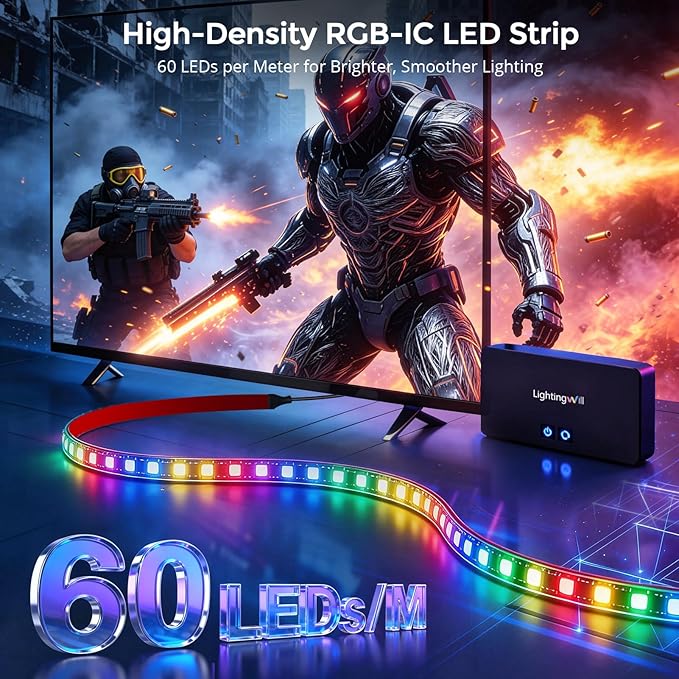 LightingWill TV LED Backlight with 4K HDMI Sync Box, 12.47ft RGBIC LED Strip Lights for 65-75 Inch TV, Sync with Screen, 3 HDMI Inputs, 60 LEDs/m High Density, App Control, Works with Alexa & Google