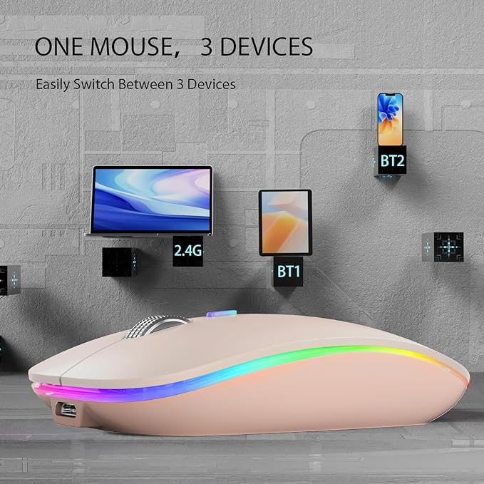TENMOS Wireless Bluetooth Mouse, LED Slim (Bluetooth 5.1 + USB) 2.4GHz Rechargeable Silent Bluetooth Wireless Mouse with Type C Adapter for Laptop/MacBook/iPad OS 13 and Above - Light Pink
