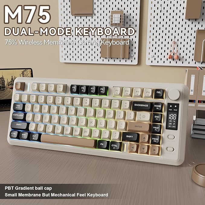 ZIYOU LANG M75 Wireless Gaming Keyboard, RGB Backlit Rechargeable 2000mAh Battery, Small Membrane But Mechanical Feel Keyboard with Smart Display & Knob, PBT Gradient keycaps for PC, MAC - Cheese