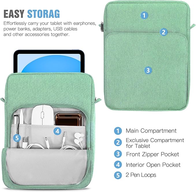 TiMOVO 9-11 Inch Tablet Sleeve Bag with Shoulder Strap for iPad 11-inch A16 2025, iPad 10th Gen. 10.9"/10.2", Galaxy Tab A9+/A11Plus 11", Bodhi Green