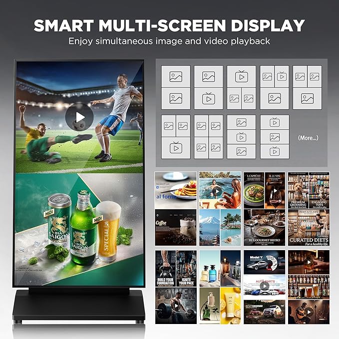 43 Inch Digital Signage Display, 4K 800 Nits UHD Full Screen LCD Advertising Kiosk, Portable Floor Standing Auto AD Player Android14 App-Based Control with USB/HDMI/WiFi