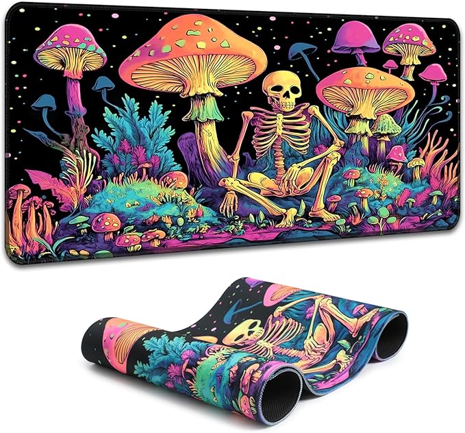 Simpkeely Large Gaming Mouse Pad XL - Blacklight Skull Mushroom Desk Mat, 31.5 x 11.8 Inch Extended Waterproof Keyboard Mousepad with Non-Slip Rubber Base for Gamers & Office Work