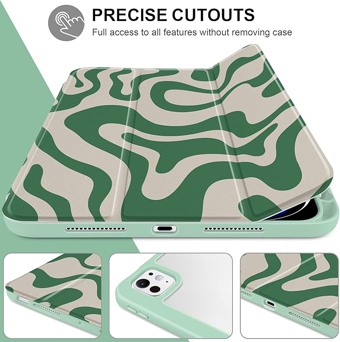 TWOLSKOO Case for iPad Pro 11-inch (M5 2025 / M4 2024), Clear Acrylic Back with TPU Bumper, Pencil Holder, Trifold Stand, Auto Sleep/Wake, Green Waves