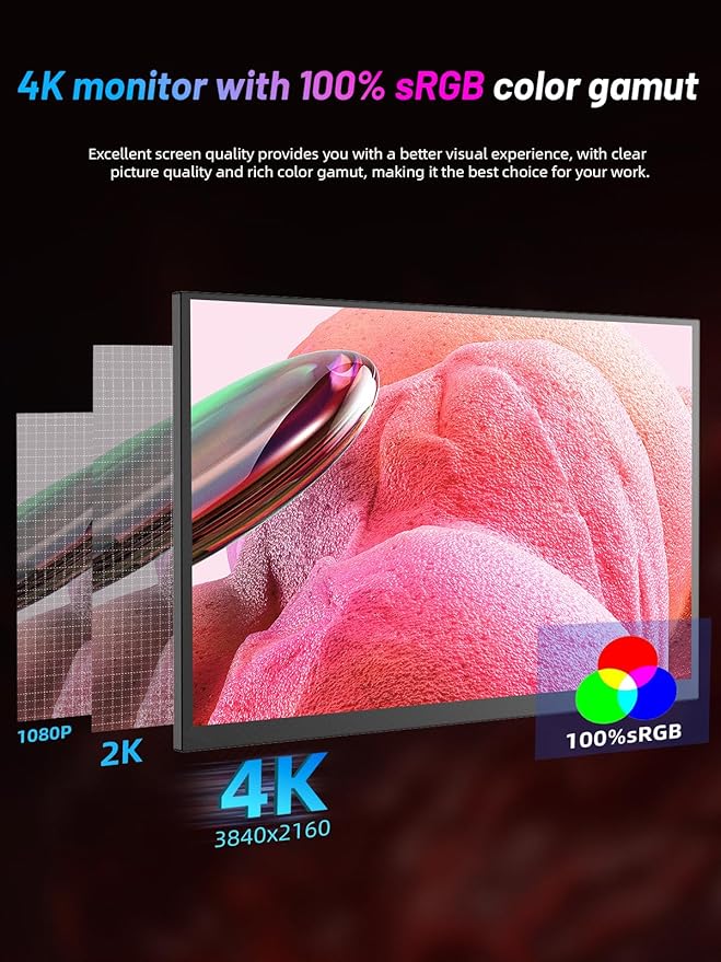 4K Portable Monitor 18.5" 3840x2160 UHD USB-C HDMI for Laptop, 1000:1, 100%sRGB, Built-in Stand & VESA Mount, 8Bit IPS Computer Gaming Display Travel Monitor for Desktop Mac Phones Tablet PS5/4 Switch