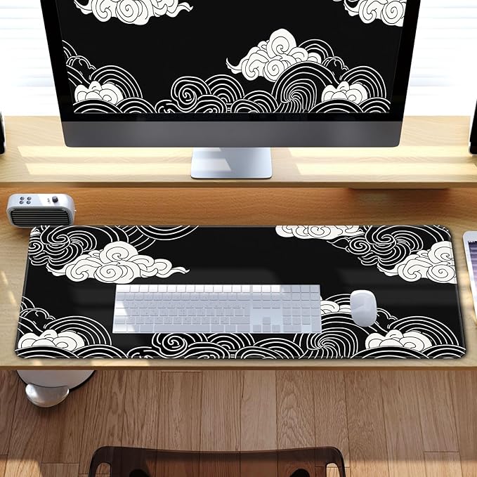 Black and White Anime Clouds XL Mouse Pad - Desk Gaming Mat with Stitched Edges, Non-Slip, 31.5x11.8 in
