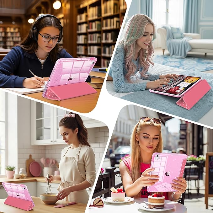 DONGKE for iPad Pro 11 inch Case – Fits M5 2025 / M4 2024, Shockproof Sparkling Glitter Acrylic Back, Pencil Holder, Trifold Stand, Auto Sleep/Wake & Touch ID Support - Dark Pink Cross Dot
