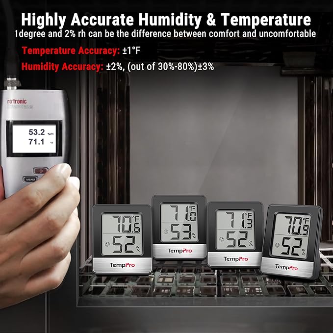 TempPro TP49 4 Pieces Digital Hygrometer Indoor Thermometer Humidity Meter Mini Hygrometer Thermometer with Temperature and Humidity Monitor Room Thermometer, Black (Previously ThermoPro)