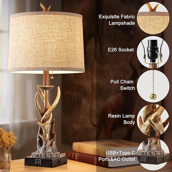 Rustic Deer Antler Table Lamps Set of 2 for Bedroom Farmhouse Bedside Lamps with USB A+C Ports for Living Room End Table Hunting Themed Cabin Lamp Pull Chain Linen, Bulbs Not Included