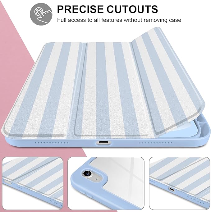 Case for iPad Air 13 inch M4 2026 M3 2025 M2 2024 with Pencil Holder - Cute Preppy Coastal Design Aesthetic Blue White Striped Trifold Cover with Soft TPU Bumper, Clear Back, Auto Sleep/Wake