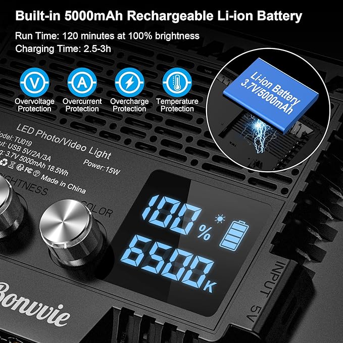 9" LED Video Light, Dimmable Camera Light with Built-in 5000mAh Li-ion Battery, CRI 97, Type C Ports, 3000-6500K Photo Light for Studio/Outdoor Photography, Vlog,Video Conference, Live Stream