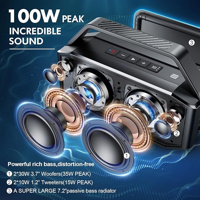 W-KING Loud Bluetooth Speaker, 100W Max IPX6 Portable Outdoor Speakers Bluetooth Wireless/60W Deep Bass Radiator/2 Subwoofer/2 Pairing/40H/TF/AUX/EQ, IPX6 Party Big Large Waterproof Speaker Boombox