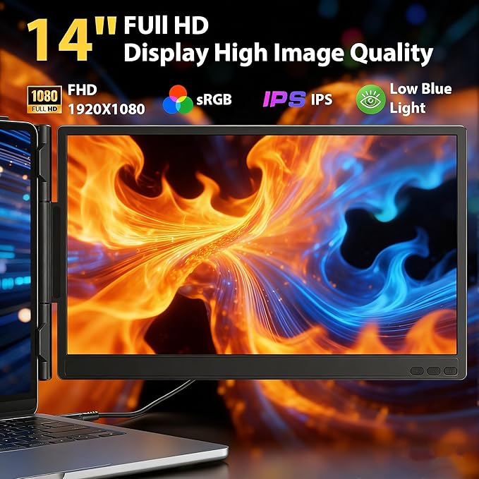 Leudaich 14'' Laptop Dual Screen Extender, 1080P FHD IPS Portable Monitor with Speaker, Ultra-Slim Travel Monitor for 13''-16'' Laptops, Compatible with MacOS, Windows, Android