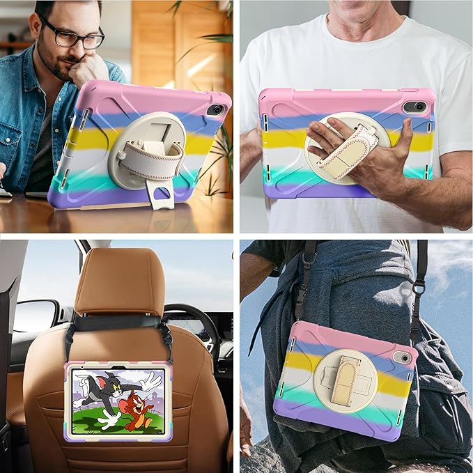Gerutek Case for iPad (A16) 11th/10th Generation 11"/10.9" 2025/2022, Full-Body Drop Protective Case with Screen Protector, Pencil Holder, 360° Rotating Handle Stand Strap Cover- Colorful Pink