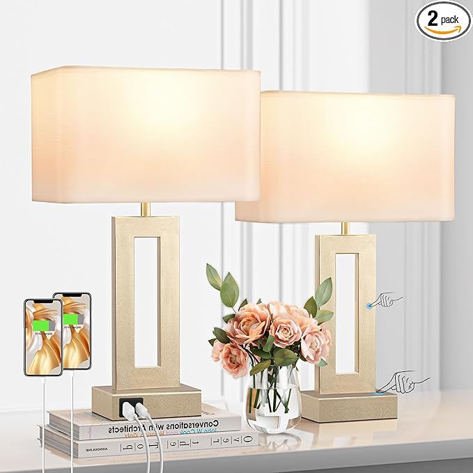 Seealle Bedroom Table Lamps Set of 2 - Touch Bedside Lamps with USB C+A, 3 Way Dimmable Gold Lamp for Nightstand, Modern Night Stands Lamps for Living Room End Tables Desk Bed Side Study Room(16.4n)