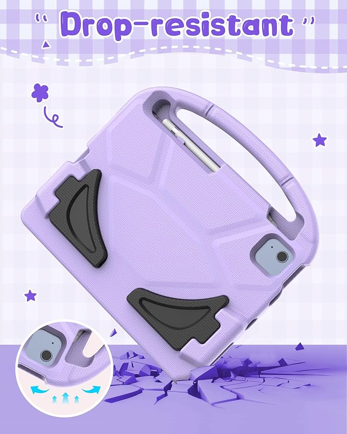 Kids Case for iPad A16 11th Gen 11-Inch 2025 & iPad 10th Generation (10.9" 2022), Durable Shockproof Fully-Body Cover with Screen Protector/Pencil Holder/Stand/Handle for Kids, Light Purple