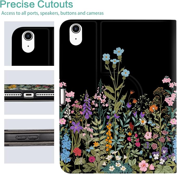 for iPad (A16) 11Th/10Th Generation Case 2025/2022, for iPad A16 Case 11th/10Th Generation 360 Degree Rotating Pencil Holder, Auto Wake/Sleep 4 Viewing Angles Slim Cover, Black Flower Art