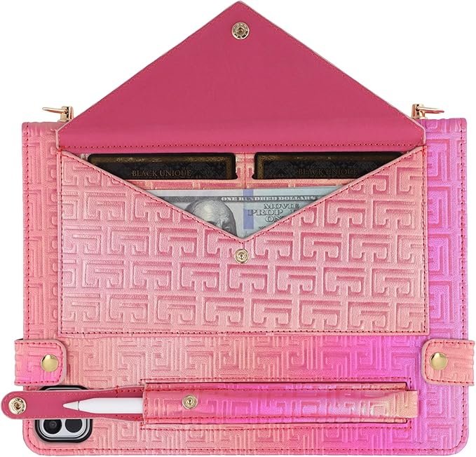 Shiny Case for iPad Pro 11" M5 M4 (2025/2024) Handbag Case, Techcircle Iridescent PU Leather Folio Envelope Pocket Stand Cover with Hand Strap+Shoulder Strap+Pencil Holder+Card Slots, Shiny Rose Pink
