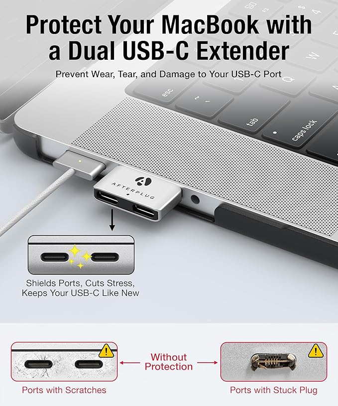 Dual USB‑C Extender for MacBook with Case, 2-Port Pass‑Through Adapter for Thunderbolt 5/4/3 & USB4 – 240W PD, 8K Video, 80Gbps Data - Space Gray