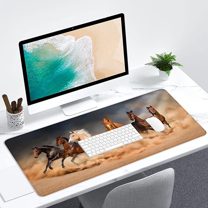 Horse Herd Run in Desert Desk Mat for Desktop,Extended Gaming Mouse Pad,Non-Slip Rubber Base Mousepad with Stitched Edges for Office Home Desk Decor,31.5X15.7 Inch