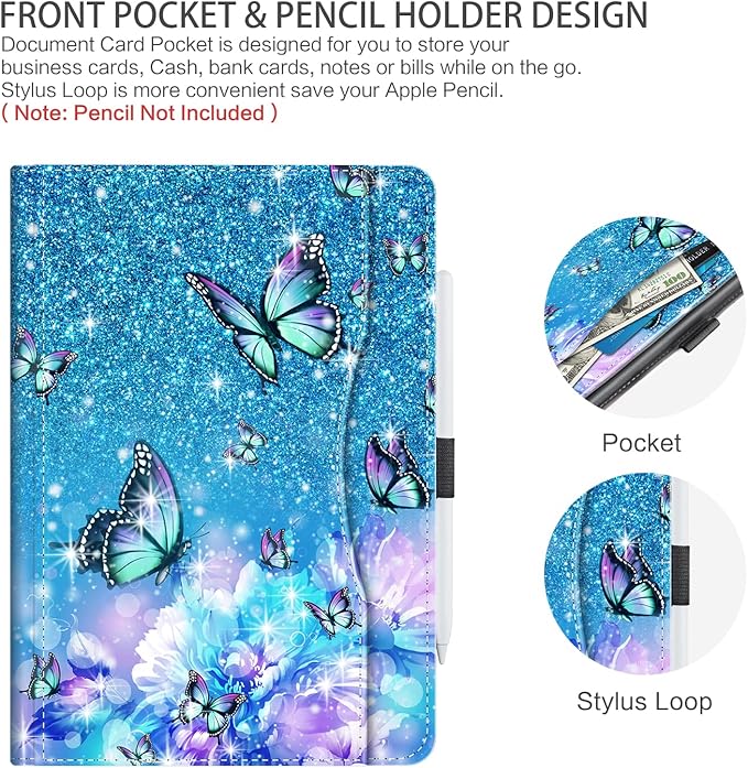 Case for iPad 9th/8th/7th Generation 10.2 Inch 2021/2020/2019 with Pencil Holder for Women Girls Adjust Angle View Case with Pocket/Hand Strap/Auto Wake/Sleep, Flowers Butterfly