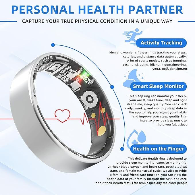 Smart Ring Health Tracking, Sleep Tracking, Heart Rate, Blood Oxygen, Blood Pressure，Fitness Ring, Activity Monitoring, 5 Days Battery, 5ATM Waterproof, No Subscription (Silver, 11#)