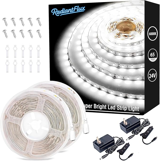 RadiantFlux White Strip Lights,2 Sets of 65ft. LED Strip Lights,Strip Light for Cabinet,1200 LEDs Flexible LED Strip Lights for Shelves, Living Room, Study, Wardrobe