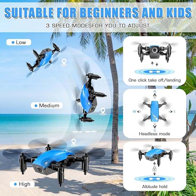 Drones for Kids with Camera, Mini RC Quadcopter Toy with Foldable Wings, Voice & Gesture Control, Altitude Hold, Full Propeller Guard, 2 Batteries, Birthday Gifts for Boys and Girls Ages 8-14 (Blue)