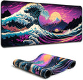 Simpkeely Japanese Sea Wave Mouse Pad, Blacklight Kanagawa Waterproof Gaming Extended Large Desk Pad Long Computer Keyboard Big Mouse Mat with 3mm Non-Slip Rubber Base for Office Home - 31.5" x 11.8"