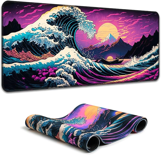 Simpkeely Japanese Sea Wave Mouse Pad, Blacklight Kanagawa Waterproof Gaming Extended Large Desk Pad Long Computer Keyboard Big Mouse Mat with 3mm Non-Slip Rubber Base for Office Home - 31.5" x 11.8"
