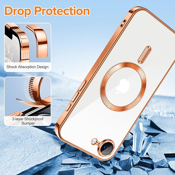 Hython Magnetic Clear for iPhone 16e Case with Camera Lens Protector [Compatible with MagSafe] Luxury Plating Edge Slim Soft TPU Cover Protective Phone Case for iPhone 16e 6.1", Orange