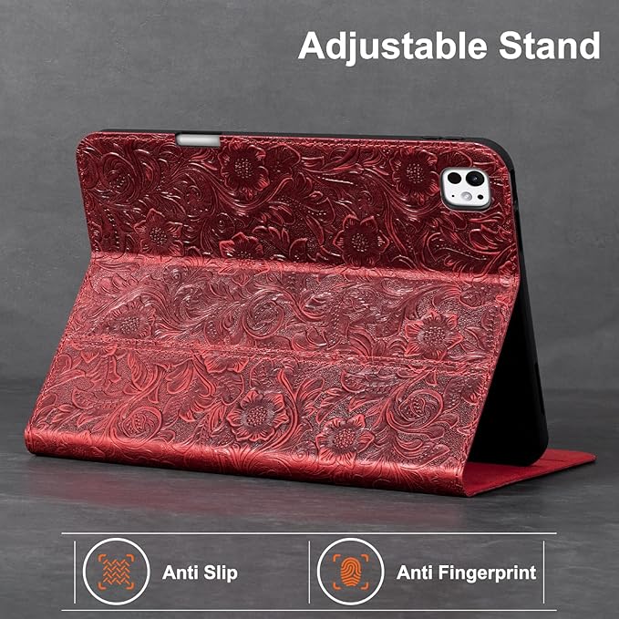 Gexmil Genuine Leather Case for iPad Pro 13 Inch (M5/M4) 2025/2024 with Pencil Holder,Protective Shockproof Smart Leather Folio Cover Adjustable Stand Auto Sleep/Wake,Floral Red