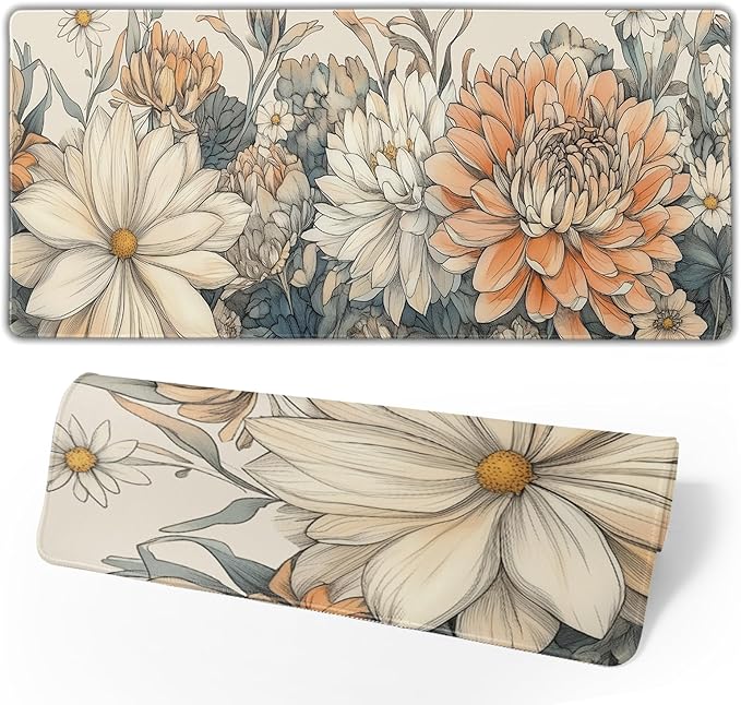 Japanese Minimalist Floral Desk Mat Vintage Botanical Flower Mouse Pad Beautiful Flowers Desk Pad 35.4”x15.7” Cute Floral Gaming Mouse Pad with Non-Slip Rubber Base Stitched Edge for Home Office Work