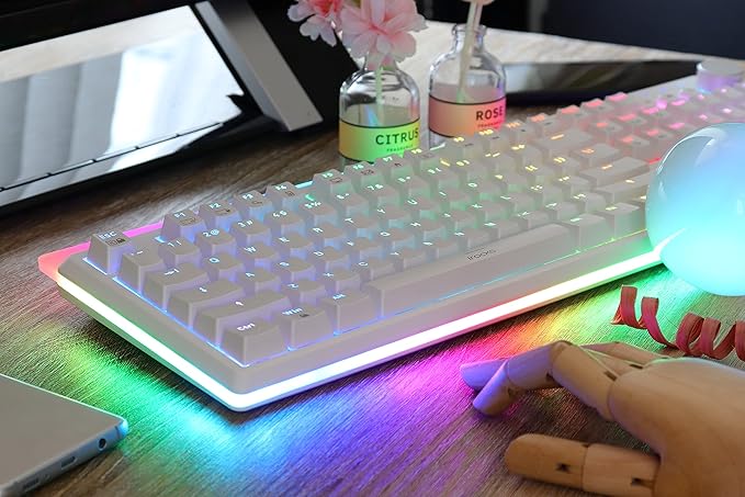 i-rocks K71M RGB Mechanical Gaming Keyboard with Media Control Knob, Switches (Brown), 107 Keys w/Full NKRO, PBT Keycaps, Multimedia Hotkeys, Detachable USB-C Cable and Onboard Storage, White