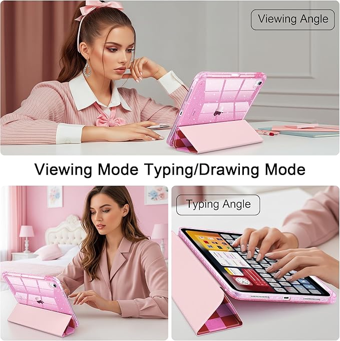 DONGKE for iPad Pro 11 inch Case – Fits M5 2025 / M4 2024, Shockproof Sparkling Glitter Acrylic Back, Pencil Holder, Trifold Stand, Auto Sleep/Wake & Touch ID Support - Red Checkerboard