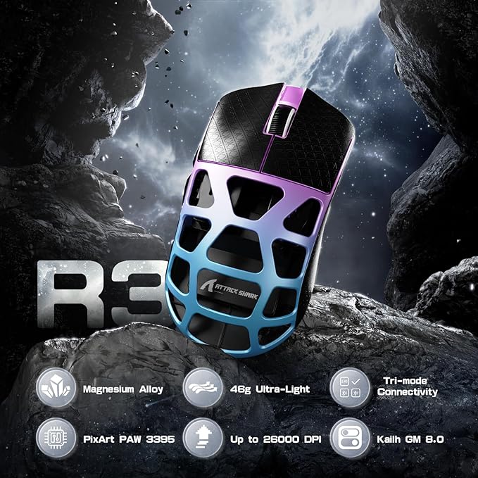 R3 Wireless Gaming Mouse, 46g Superlight Magnesium Alloy Triple-Mode Computer Mouse, 8000Hz Polling Rate, PAW3395 26K DPI Sensor Programmable Mice with Griptape for PC/Win/Mac (Purple&Blue)