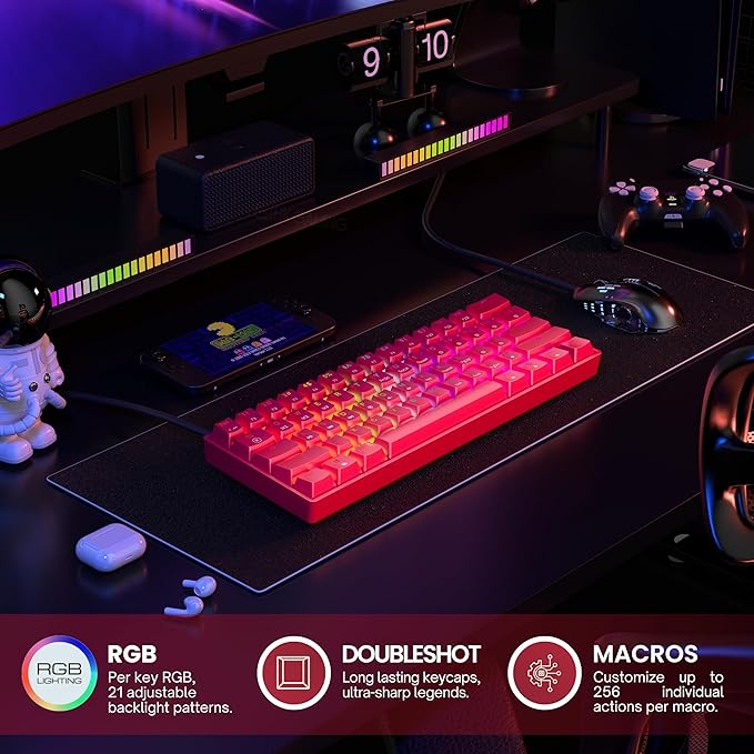 GK61 Mechanical Gaming Keyboard - 61 Keys Multi Color RGB Illuminated LED Backlit Wired Programmable for PC/Mac Gamer (Gateron Optical Silver, Red)